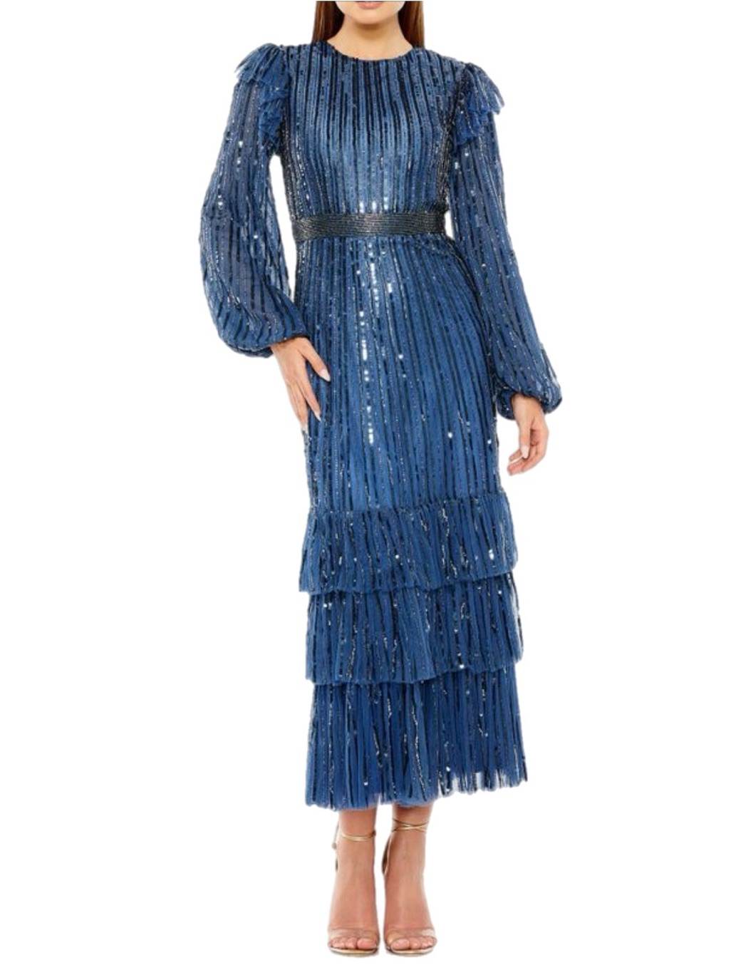Nwt Mac Duggal Long Sleeve Midnight Blue Sequin Beaded Tiered Tea Length Gown 6